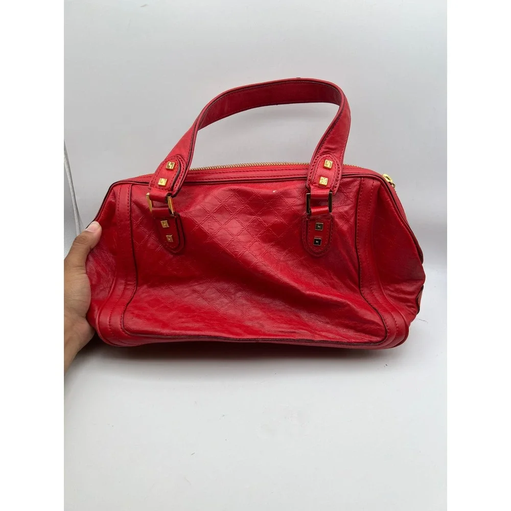 L.A.M.B. Gwen Stefani Red Leather Satchel Handbag Racing Stripe Tassel Gold HW